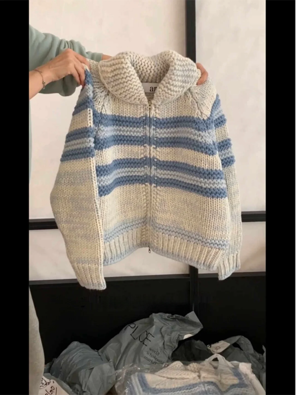 

Soft Cozy Color Blo Knitted Sweater Women's Winter Zipper Open Cardigan Top Ins Lazy Sle Long Sve Polyester Fiber