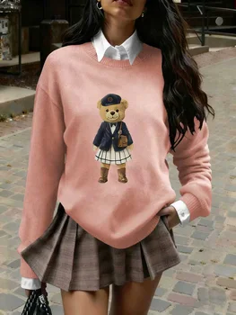 Women's Preppy Teddy Bear Print Sweater, Crew Neck Knit Pullover for Fall Winter (Only the Top Is Sold Separately) 3