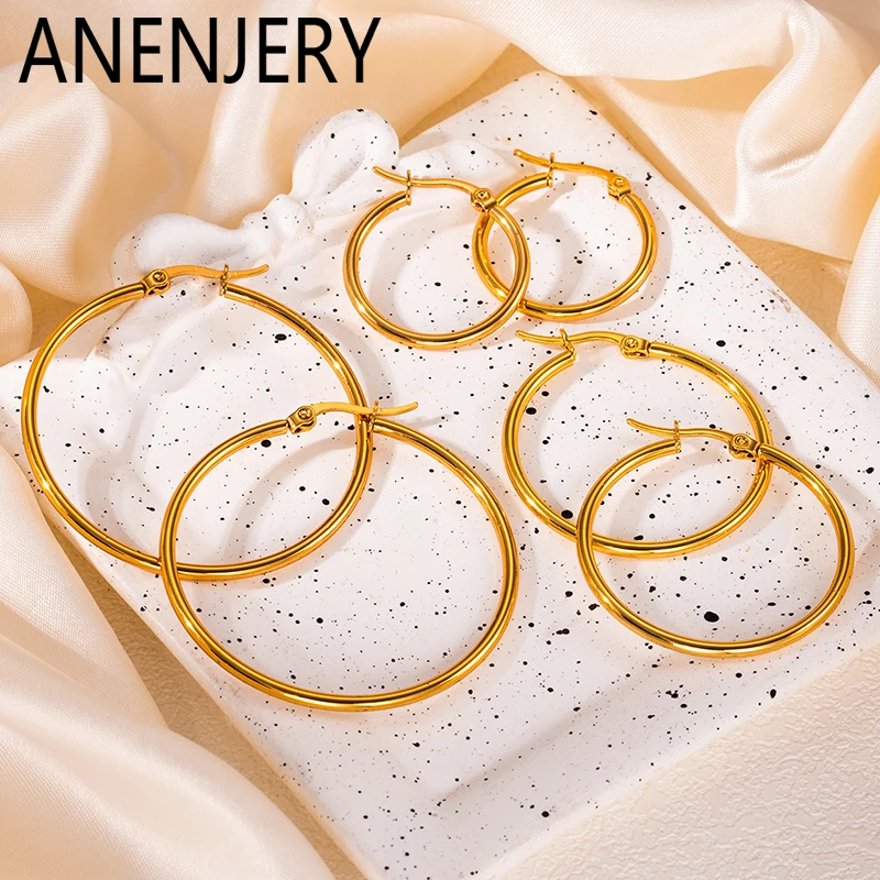 ANENJERY 316L Stainless Steel Hollow Circular Earrings For Women Simple Temperament Jewelry Gifts Daily