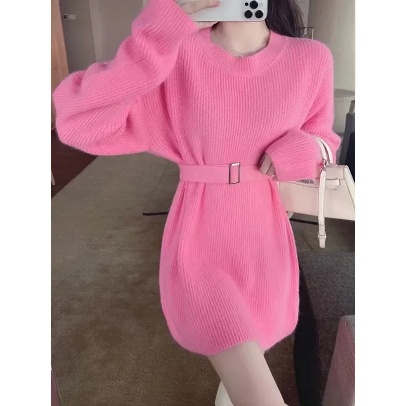 Autumn Winter New Ladies' Pullover Knitted Bottoming Shirt Slim Waist  Slim Sweater Skirt The Round Neck Sweater Warm And Long