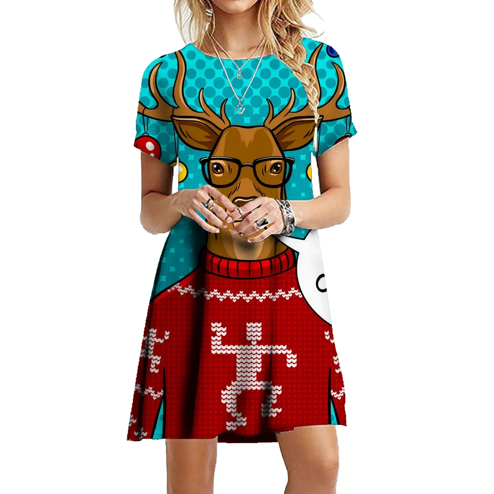 Red Christmas Style Funny Elk Print Dress Women Fashion Cute Short Sleeve A-Line Dress Loose Casual Mini Party Dresses Oversized