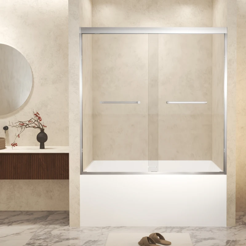 

56-60" x 60" Tempered Glass with Explosion Proof Film, Aluminum Frame Double Sliding Shower Door, "1/4 (6 mm), Stainless Stee
