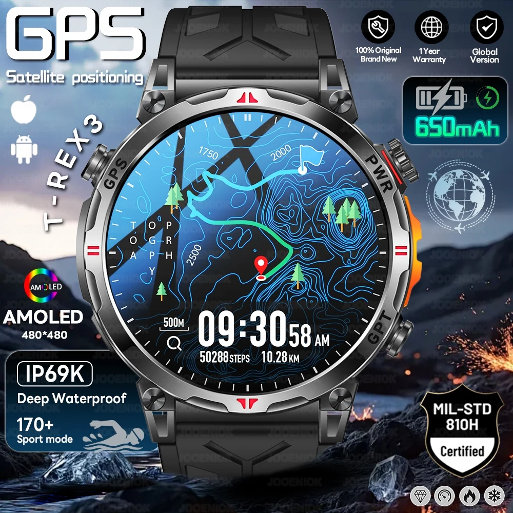 Military Outdoor Smart Watch Men AMOLED 480*480 HD Screen Built-in GPS Compass Altitude 3ATM Waterproof 650 mAh Smartwatch 2025