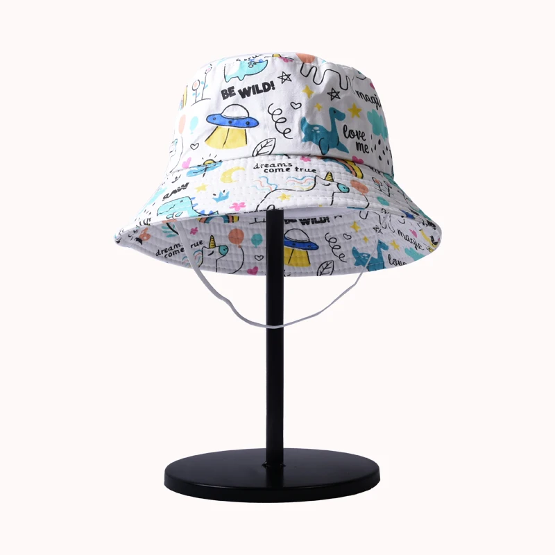 Panama Summer Children Cotton Cartoon Bucket Hat For Boys Printing Dinosaur Baby Girls Sun Hat Flower Kids Bonnet