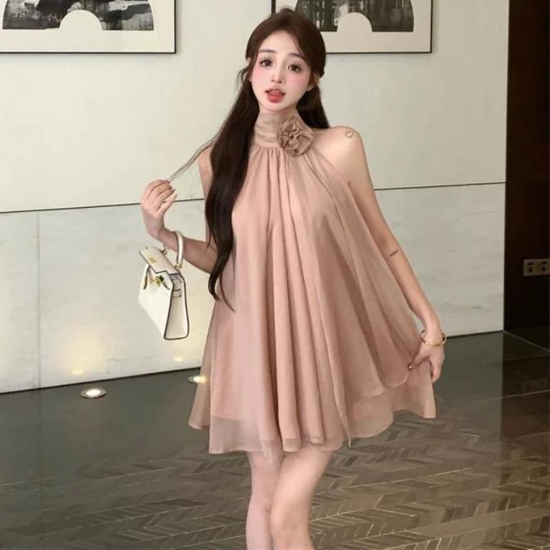 

Милое 3d платье без рукавов с лямкой на шее, женское летнее нежное платье с открытыми плечами, тонкие короткие вечерние платья трапециевидной формы, темперамент