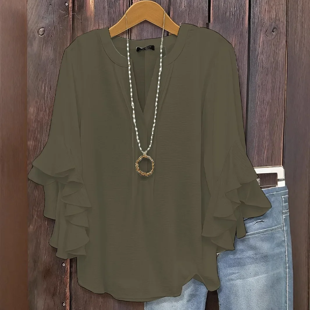 Camicetta in chiffon allentata moda donna taglie forti con scollo a V Camicia con maniche a tre quarti con foglie di loto Camicia casual da lavoro in tinta unita