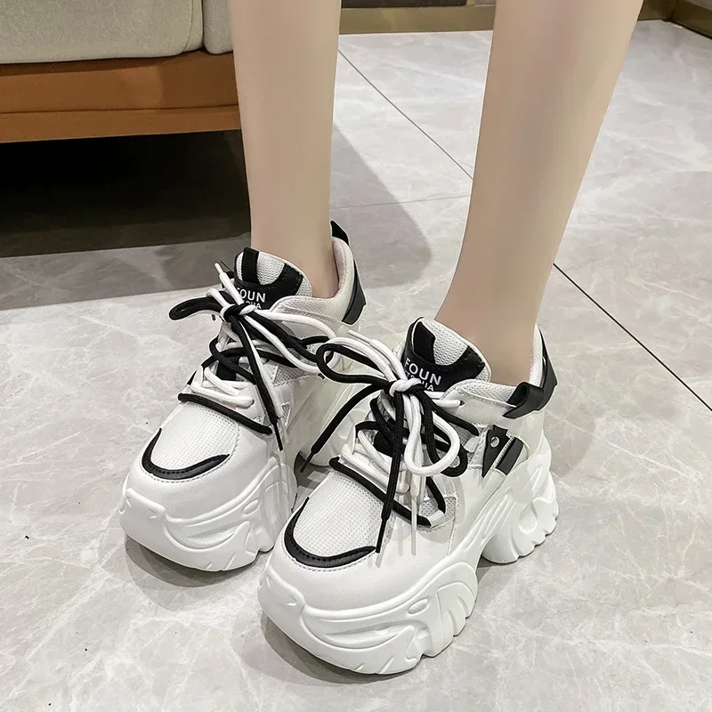 10.5CM Women Platform Sneakers Lace-up Autumn Sports Dad Shoes High Top Chunky Casual Shoes Woman Thick Bottom Mesh White Shoes