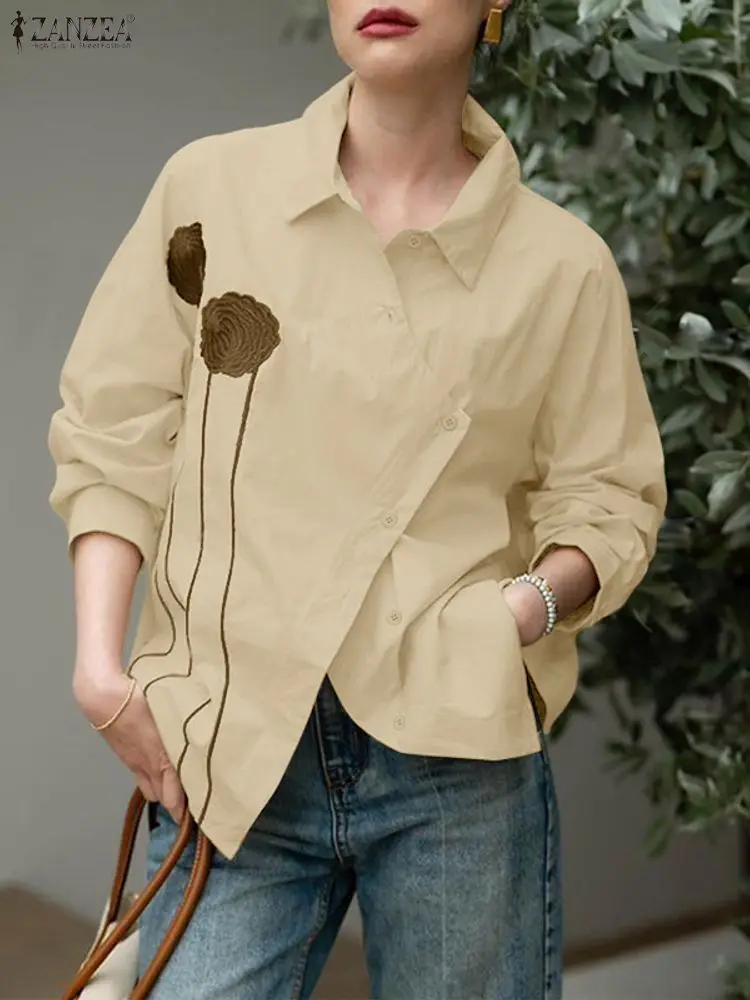 ZANZEA 2022, осенние рубашки с цветочным принтом, женские элегантные топы с лацканами и длинными рукавами, элегантная офисная блузка на пуговицах, Blusas