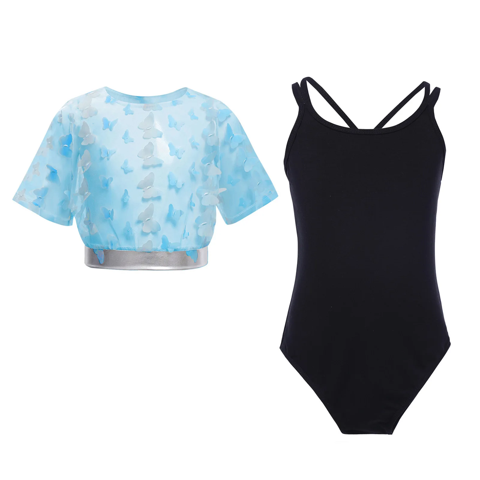 

Kids Girls Gymnastics Ballet Leotard 2Pcs Butterfly Sheer Mesh Short Sleeve Crop Top+Crisscross Back Bodysuit Skating Workout