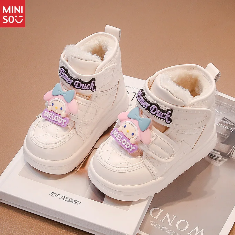 

Miniso 2025 Girls Kuromi Snow Boots Winter New, Thick Warm Mid-Calf Cotton Boots for Children Cold Protection