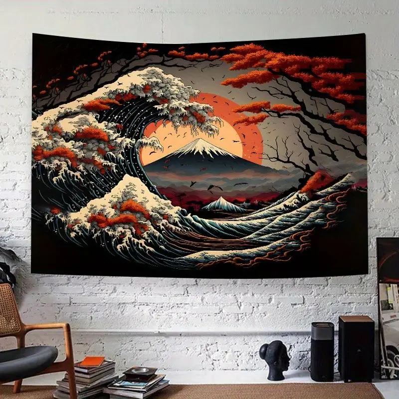 VIKAMA Ukiyo e Great Wave Kanagawa Tapestry Dark Mount Fuji Japanese Sunset Wave Wall Hanging Wall Decor