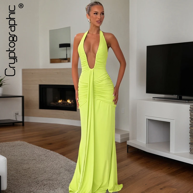 

Cryptographic Fashion Ruched Halter Deep V Neck Maxi Dress for Women Party Club Outfits Solid Sexy Backless Draped Dresses Gown