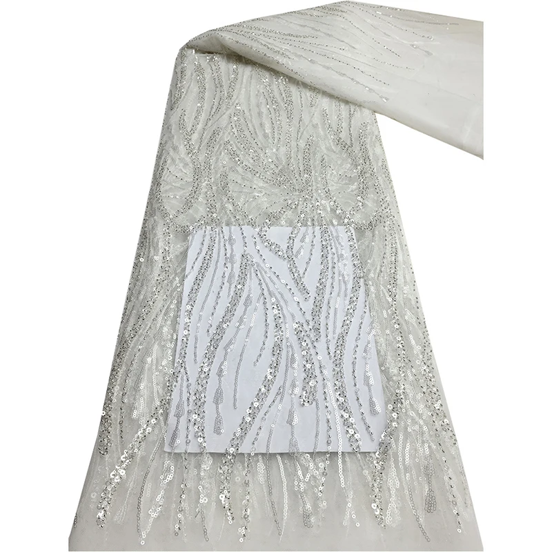 African Sequins Bead Tube Lace Fabric High Quality French Tulle Yarn Embroidery Nigerian Lace Fabric Sewing Wedding Dress