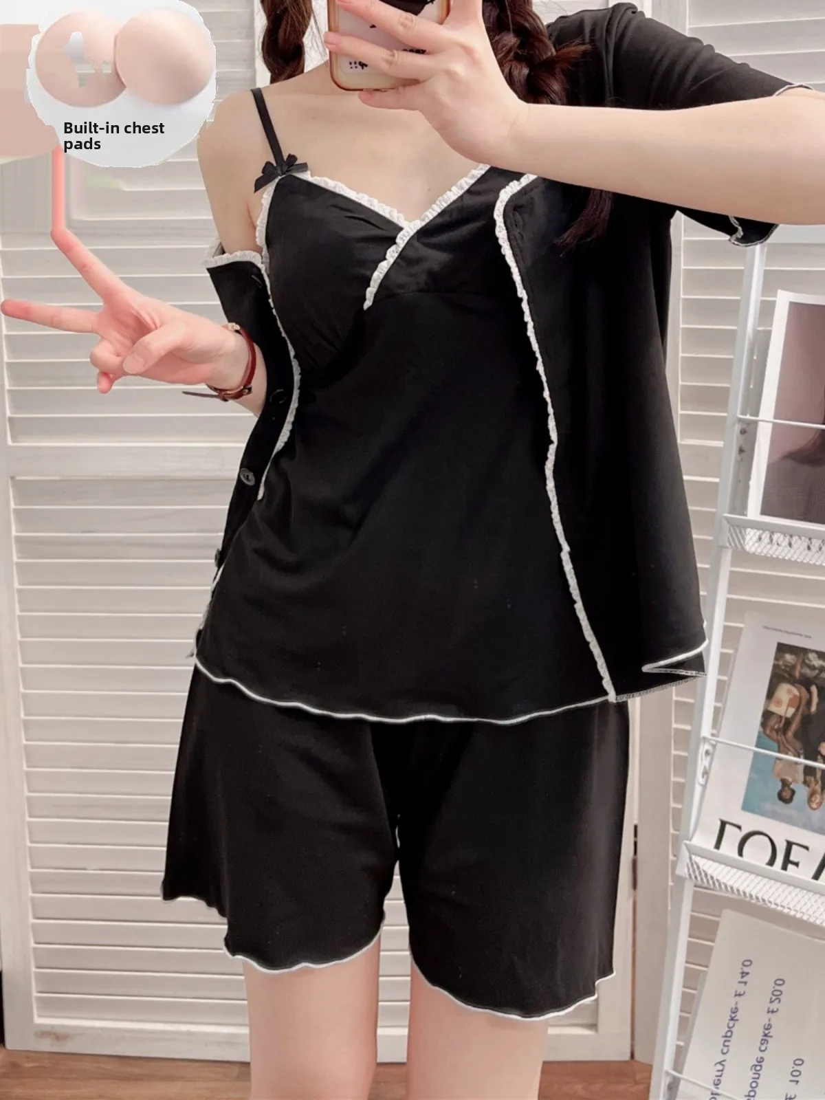 Elegant Black Strapless Bralette Sleepwear Set Women's Sexy Home Clothes Cardigan Long Pants Three-Piece Set Pure Desire Style