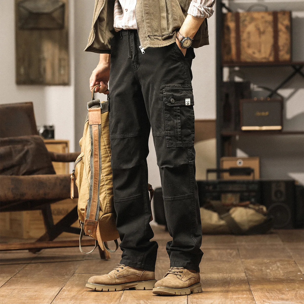 Celana Cargo Pria Musim Gugur Musim Dingin, Warna Solid Katun Ukuran Besar Elastis Kasual Trendi Sederhana Dasar untuk Aktivitas Luar Ruangan