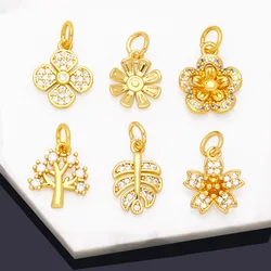 OCESRIO Trendy Flower Plant Grass Charm for Bracelet Earring Copper Gold Plated Flower Leaves Jewelry Making Component chma179