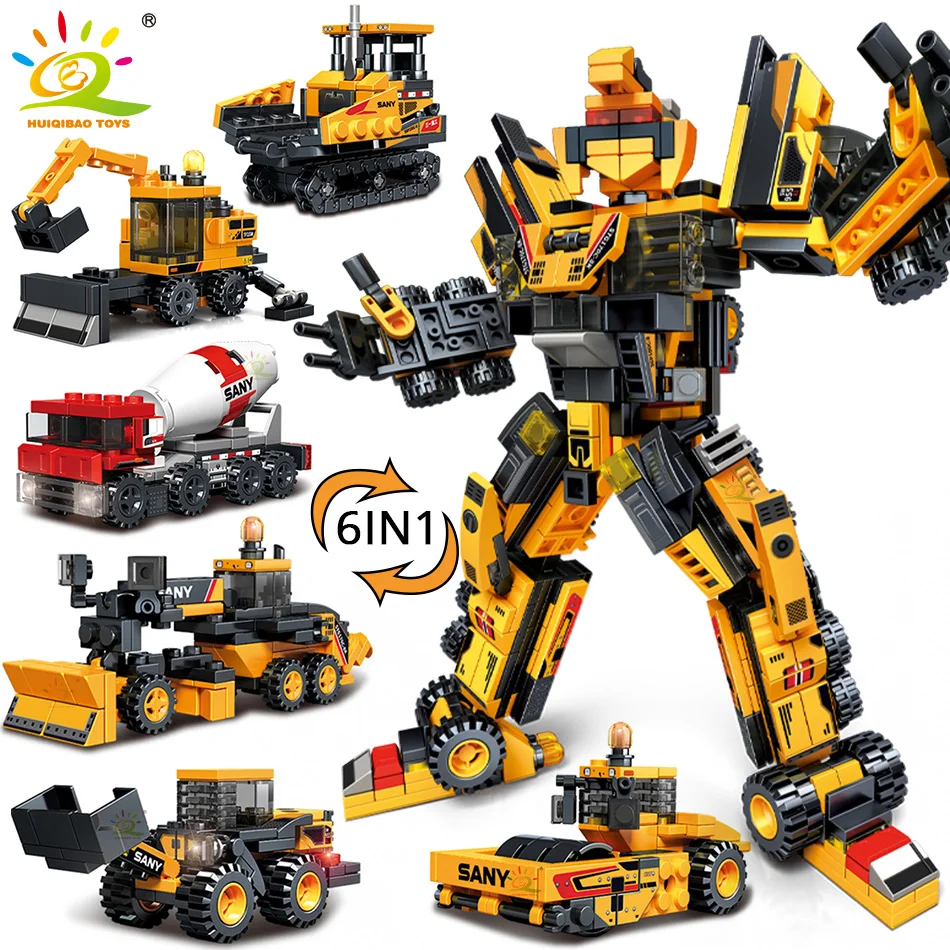 HUIQIBAO 583PCS 6in1 Engineering Robot Building Block Bulldozer Excavator Car City Construction MOC Bricks Set For Children Kids