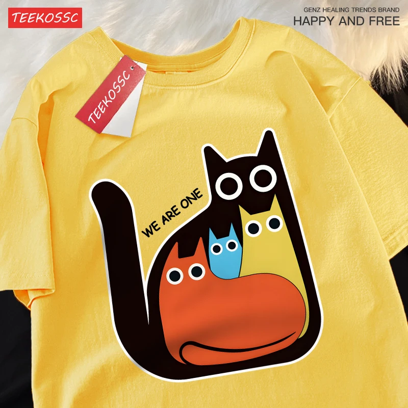We Are One Cartoon Cats Herren-Retro-T-Shirt, lässiges, lockeres T-Shirt, trendige Baumwollkleidung, Sommer, Unisex, Rundhalsausschnitt, kurze Ärmel