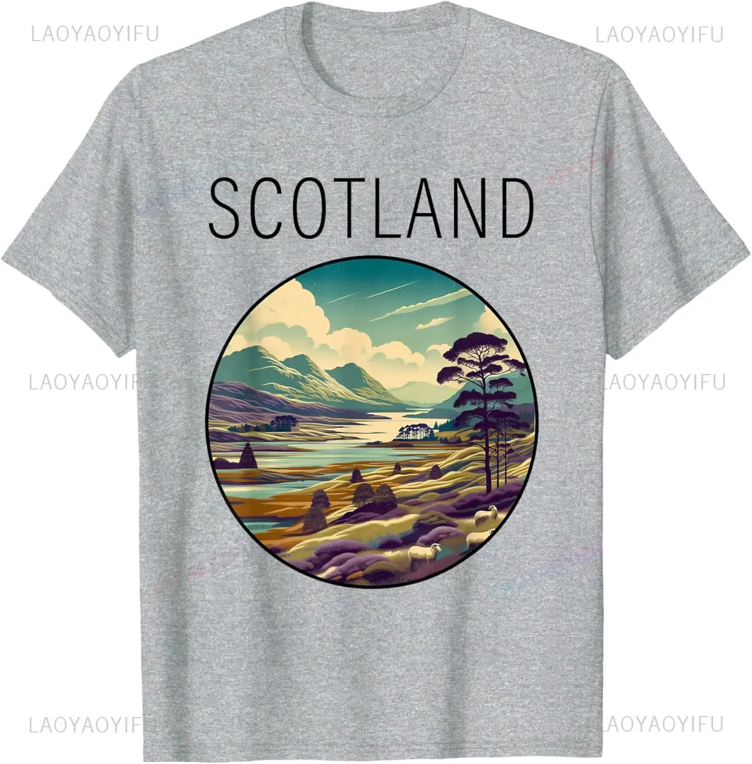 

Шотландский пейзаж, арт-дизайн, деко, графический принт, мужская футболка, повседневная модная свободная женская уличная одежда, летняя футболка с коротким рукавом
