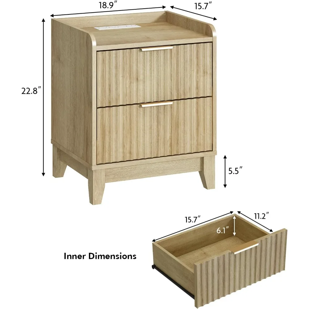pair of farmhouse style nightstands with charging stations and storage drawers