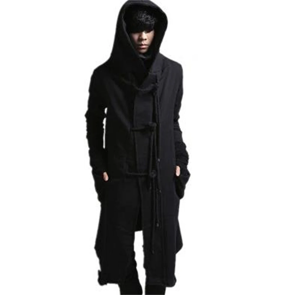 

Autumn Trench Men Punk Coats Hip Hop Outerwear Slim Fit Long Coat Hooded Cloak Cardigan Mens Linen Rope Design Gothic Jackets