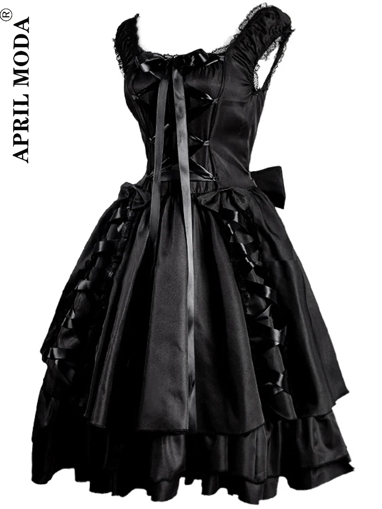 Vestido gótico de fiesta de disfraces, vestidos de princesa de encaje Vintage de Lolita victoriana japonesa para vacaciones, bata con tirantes finos oscuros para mujer