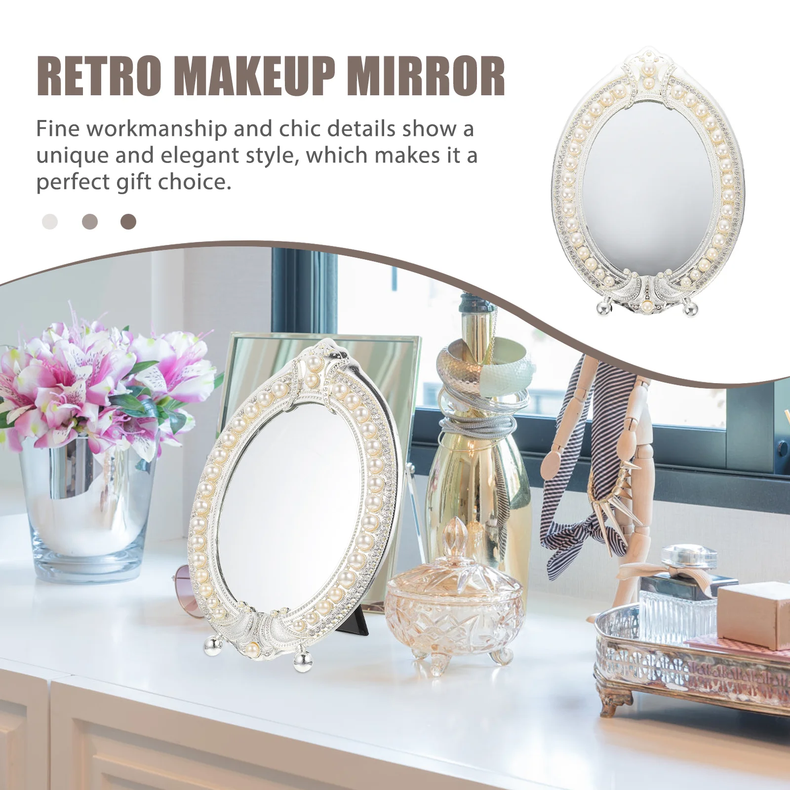 

Retro Mirror Desktop Vanity Mirror Durable Zinc Alloy Material Clear High Definition Stable Base Elegant Decor
