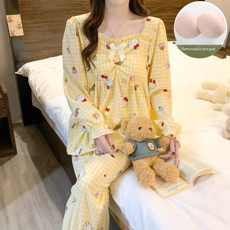 

Sanrio Hello Kitty, пижамы для молодых девушек, кавайный мультяшный осенне-зимний комплект для отдыха с длинными рукавами и длинными брюками, тонкий стильный комплект домашней одежды