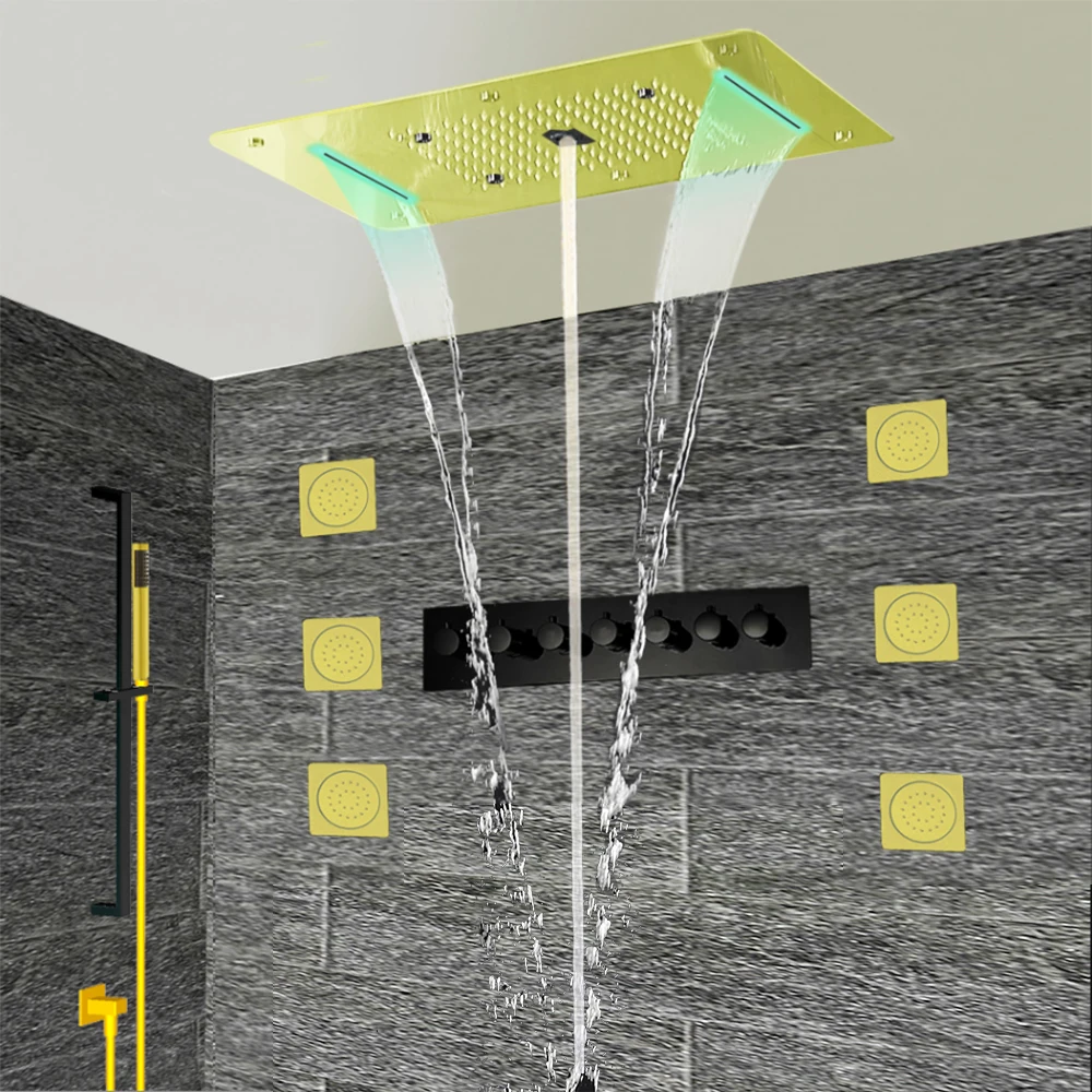 

Black Glod Thermostatic Complete Shower System with Rough-in-Valve Large flow Luxury Bath LED Ceiling Shower Head Massage Jets