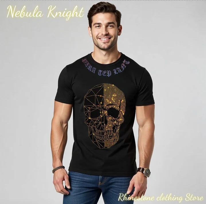 Men Rhinestone Studded T-Shirt Summer Breathable Short Sleeve Loose Casual Designer Fashion Tops
