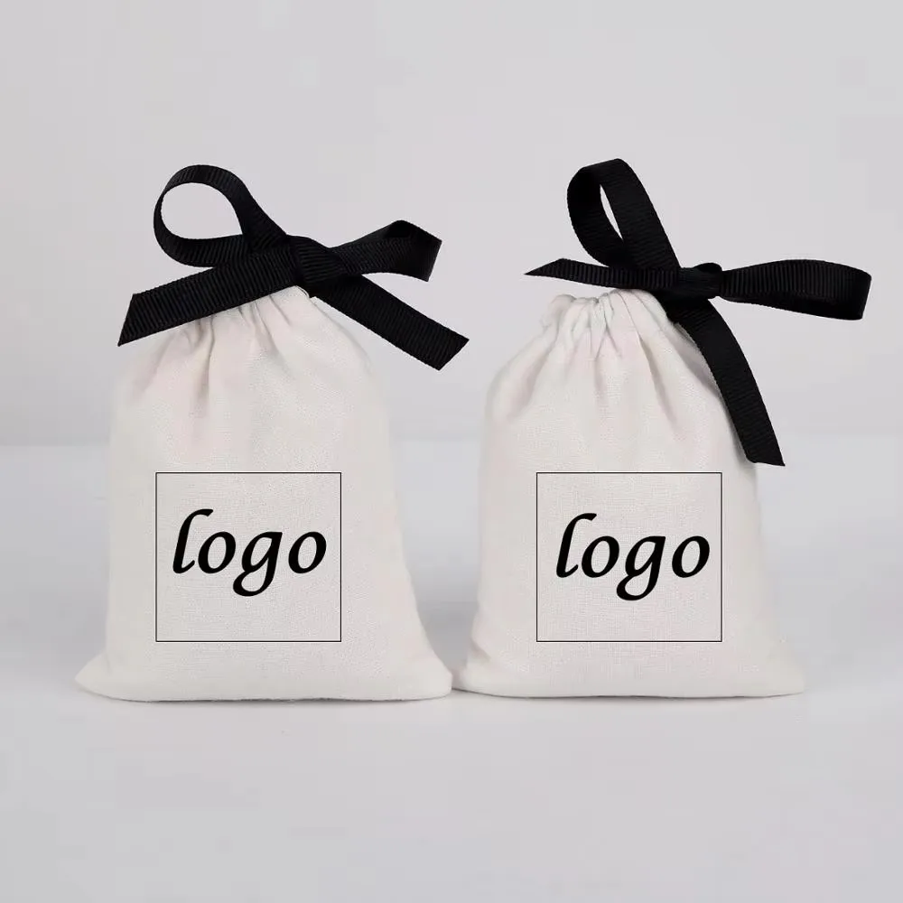 

100 Personalized Custom Logo Cotton Jewelry Packaging Ribbon White Canvas Drawstring Bag for Wedding Favor Bags Chic Small Pouc