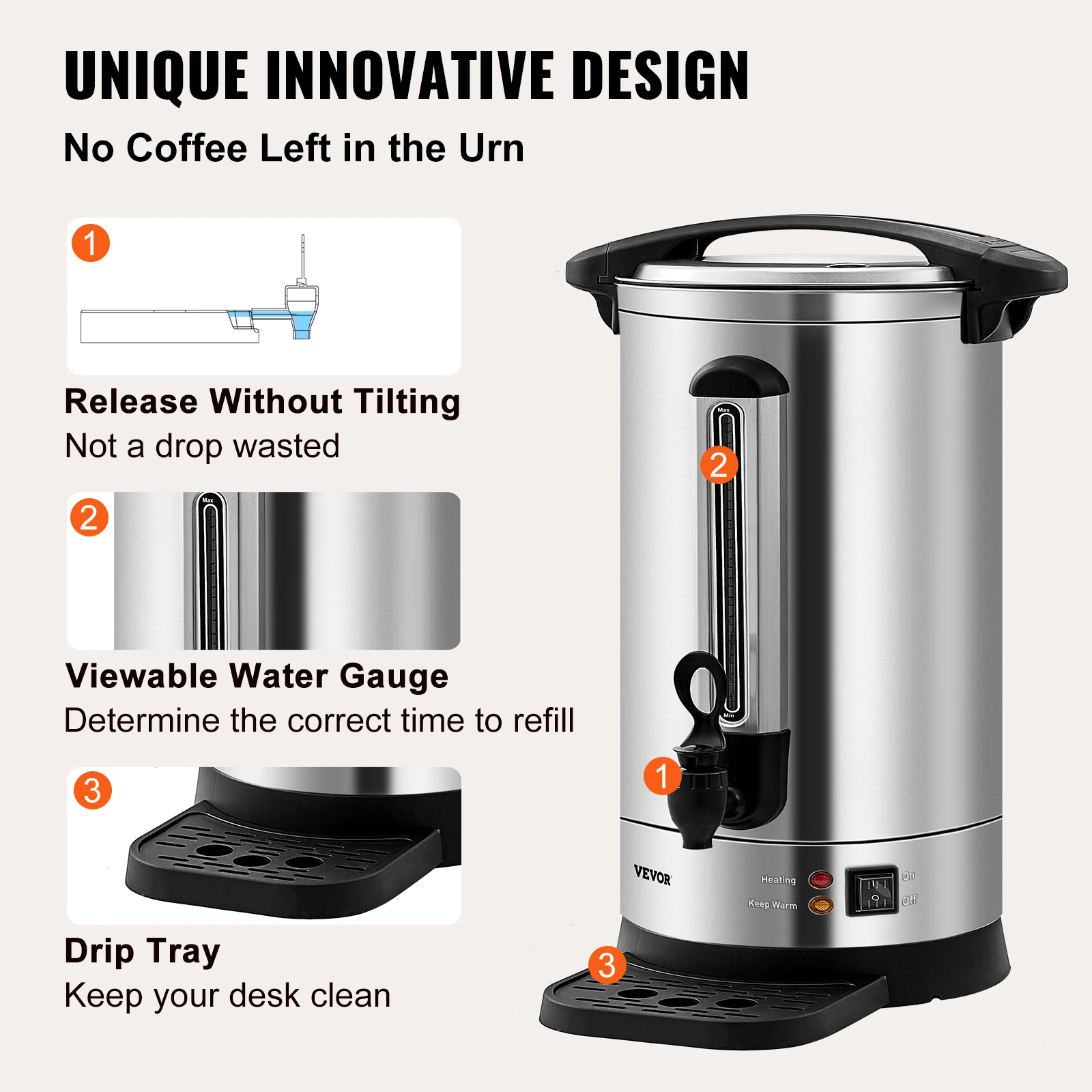 VEVOR 65/110 Cups Stainless Steel Coffee Thermos Urn Commercial Hot Water Dispenser for Camping Fast Brewing Easy Cleaning