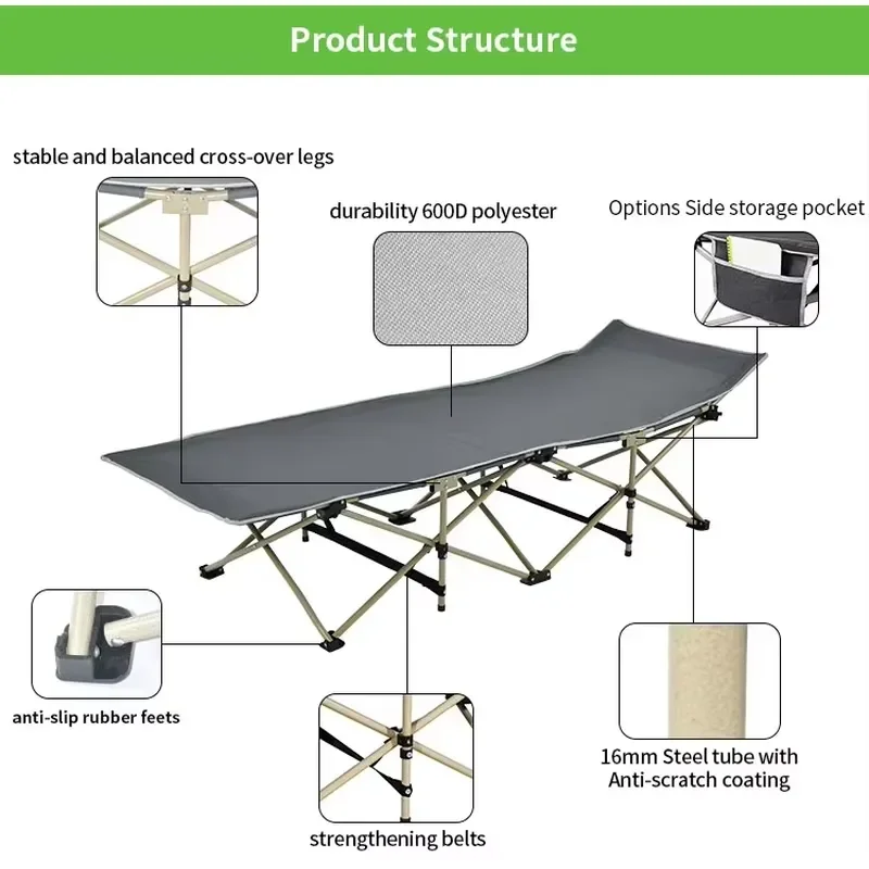 for EN-581 Portable Folding Camping Bed 600D PVC Oxford Steel Frame Durable Outdoor Emergency Rescue Cot for Hotel Use