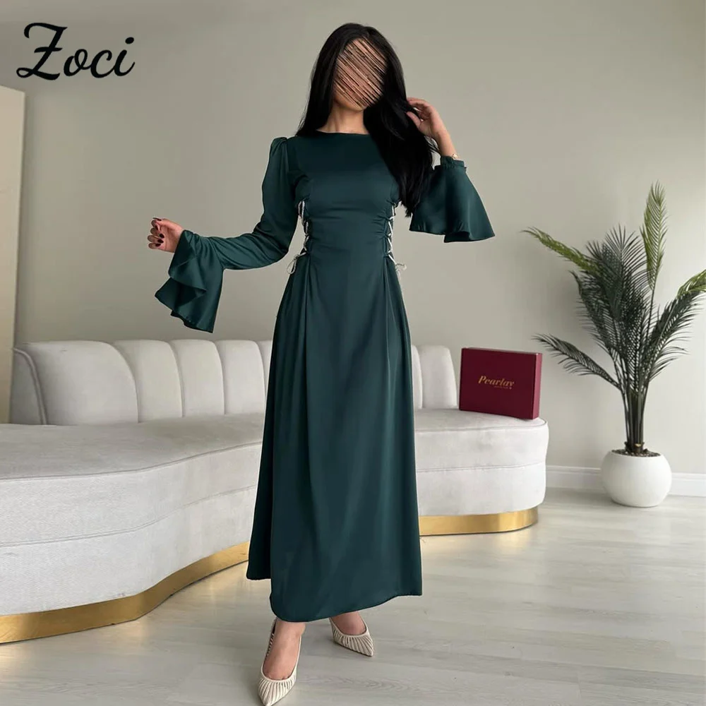 

Zoci Emerald Green Scoop Neck Prom Dresses Long Flare Sleeve Silk Satin Saudi Women Party Gown Customized Ankle Length Prom Gown