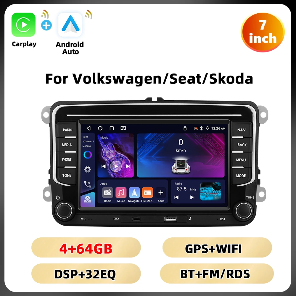 Podofo 6 + 128G 7 ''Autoradio Voor VW/PASSAT/CADDY/POLO/BEETLE Multimedia Speler Carplay Android Auto Type-C WIFI GPS Auto Audio
