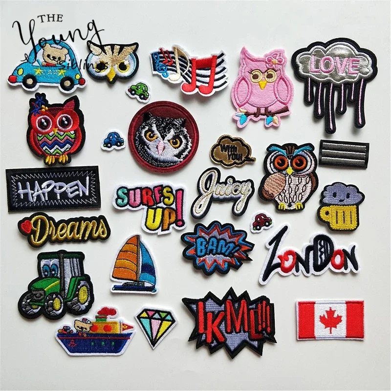 Mixture Hot Melt Adhesive Iron On Patches Cartoon Owl Cat Letter National Flag Badge DIY Motif Applique Sticker for Clothes