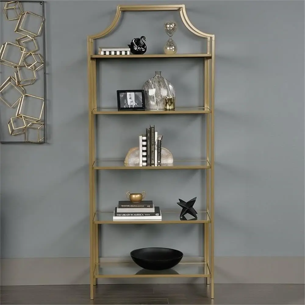 2 Piece 5 Shelf Metal Framed Bookcase Set in Satin Gold