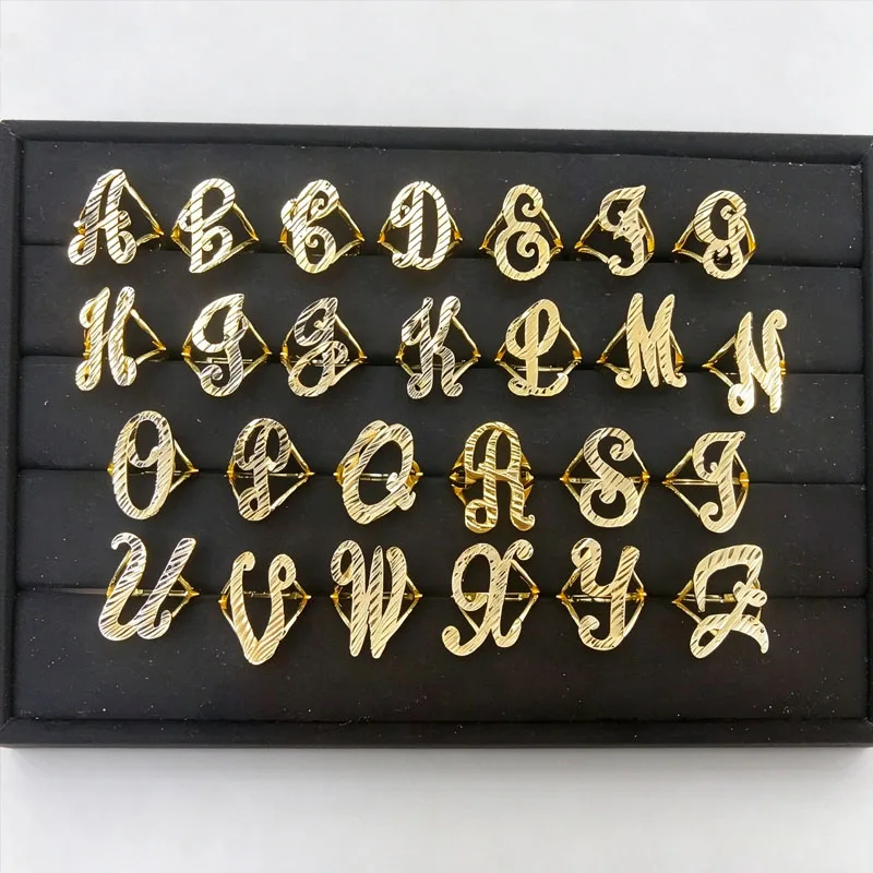 DUOYING Personalized Diagonal Carved Texture 26 Letter Ring Stainless Steel 18K Gold Plating Opening Design Mother's Day Gift