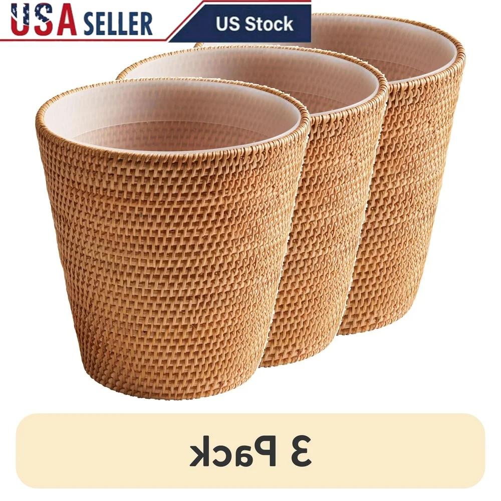 

3 Pack Hand-Woven Rattan Wastebasket Indoor Use with Removable Liner 2.5 Gallon Capacity Decorative Storage Bathroom