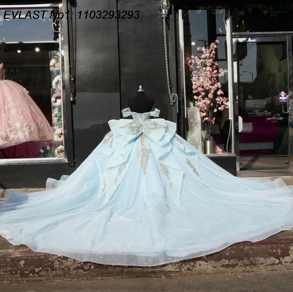 EVLAST Customized Princess Blue Ball Gown Quinceanera Dress Applique Beaded Crystal Bow Sweet 16 Vestidos De 15 Anos E1QN71