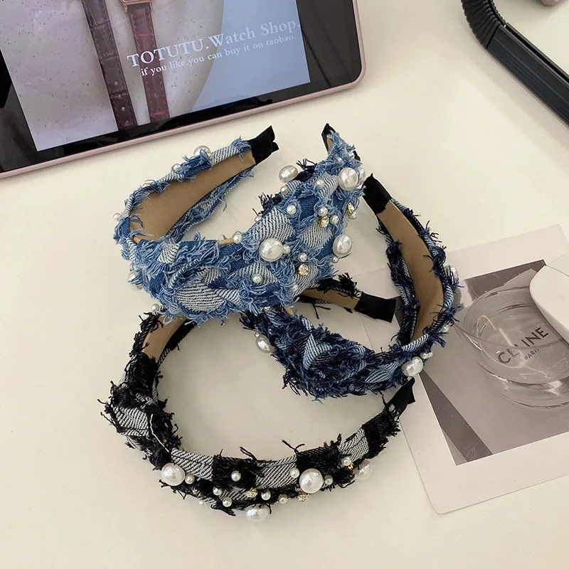 New Denim Headband Pearls Women Korean Style Hair Ornament Wide Hairband Top Bow Knotted Head Band Brand Fashion Headwear