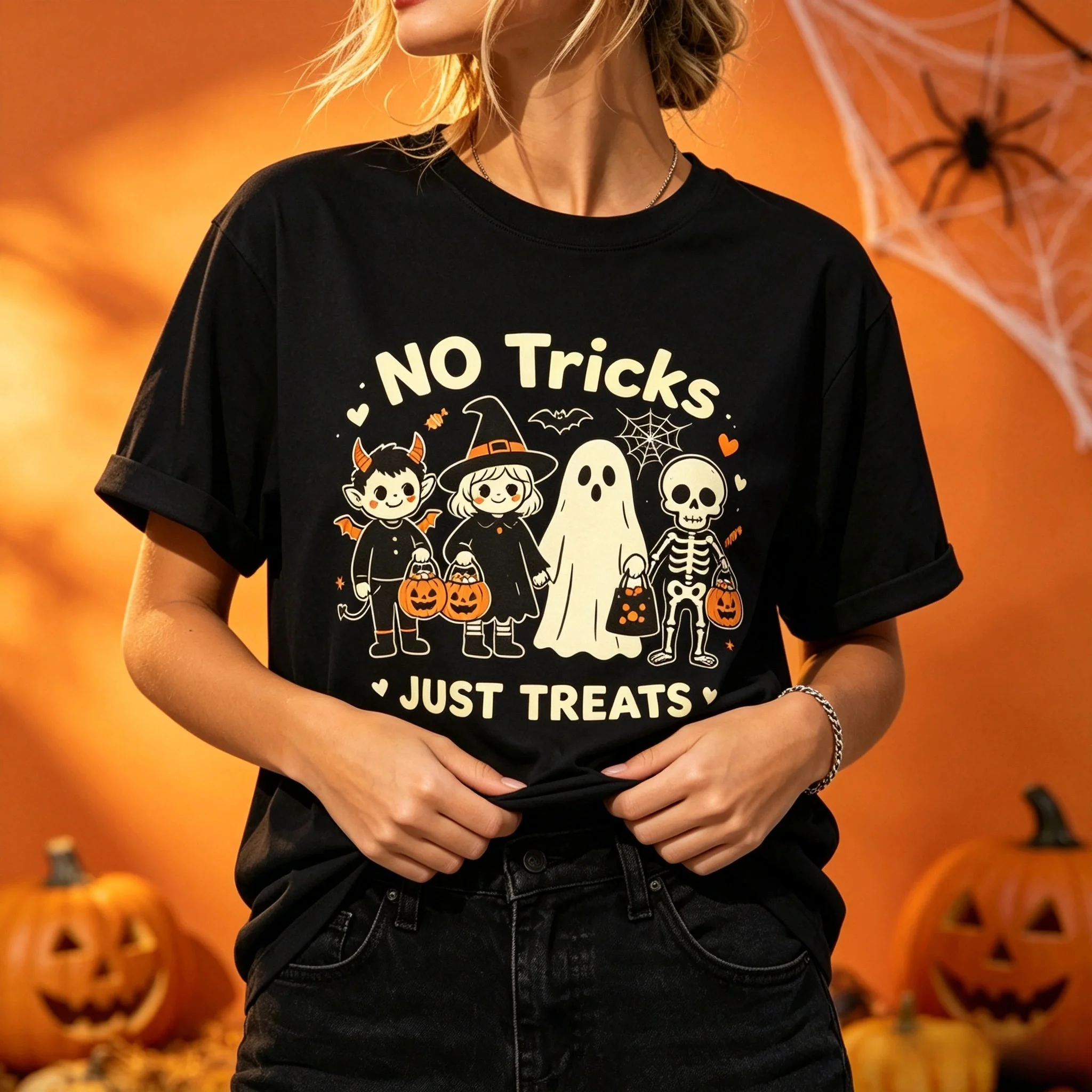 No Tricks Just Treats Cute Devil Witch Ghost Skeleton Graphic T Shirt Cartoon Halloween Character Women Short Sleeve Casual Tee