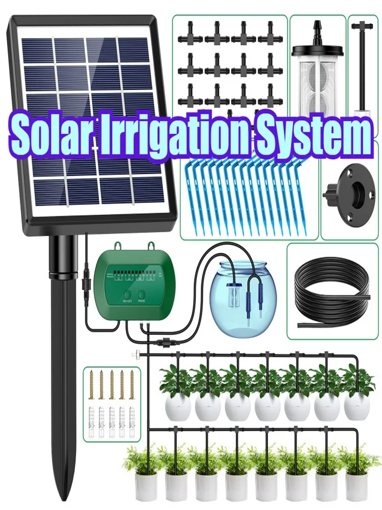Système d'irrigation solaire, Kit d'arrosage automatique DIY avec tuyau d'arrosage de 15 m, Support 15 plantes, pour vacances/balcons/jardin, Etc.