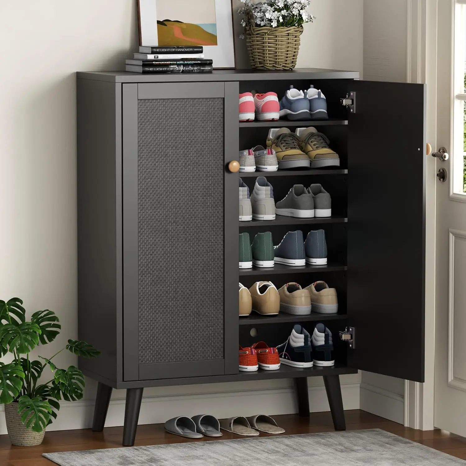 6-Tier Rattan Shoe Cabinet, 2 Door Entryway Sideboard With Adjustable Shelves, 44