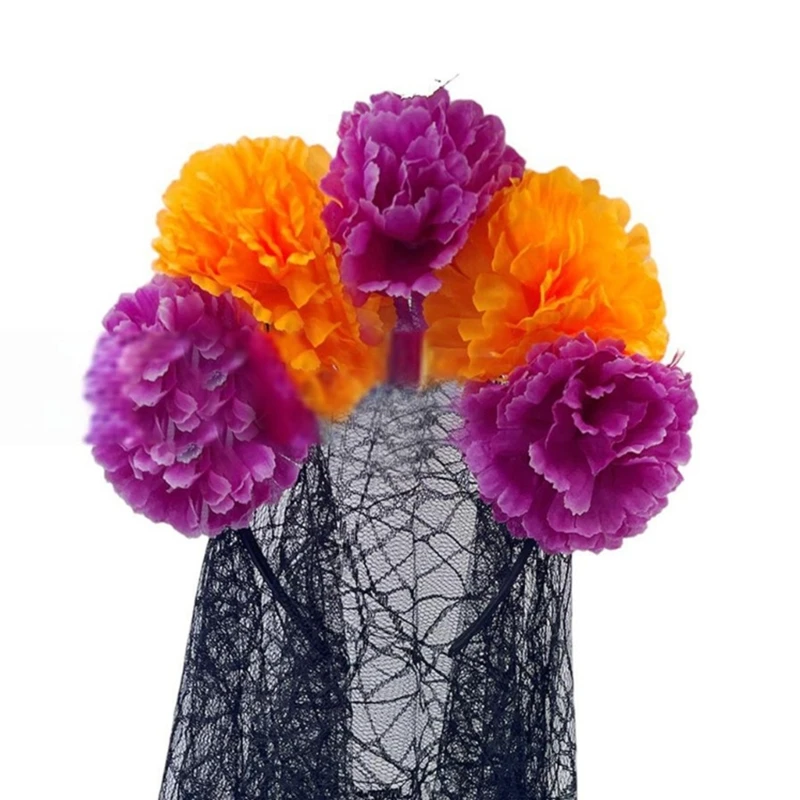 Spooky Halloween Chrysanthemum Headgear and Black Mesh Shoulder Wrap Headwear