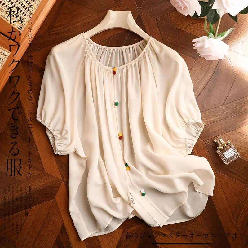 Chiffon Women's Shirt Solid Colour Vintage Blouses Summer Short Sleeve Women Tops O-neck Loose Fashion Clothing