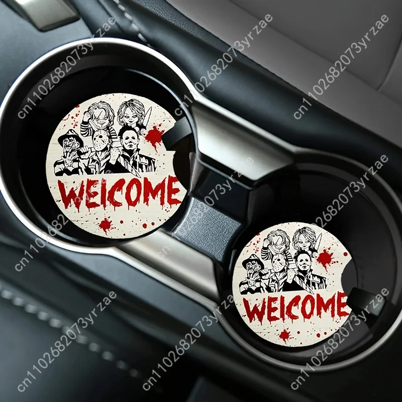 

Funny Halloween Car Coasters 2pcs Absorbent Anti Slip Car Coasters Scalding Waterproof Easy Clean Car Interior Accessories