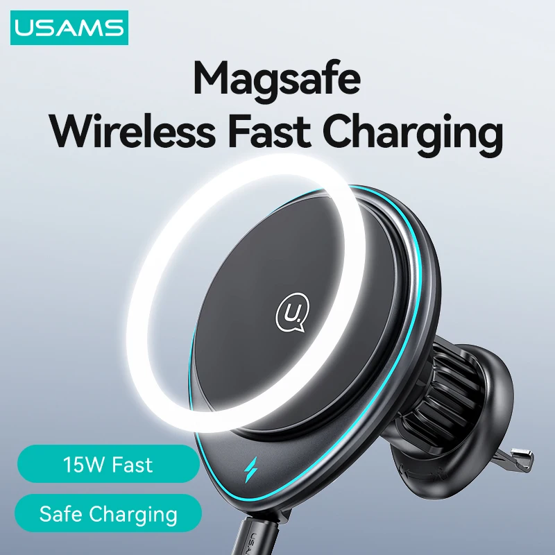 USAMS Car Phone Holder Magnetic Wireless Charger 15W Fast Charging For iPhone 15 14 13 Pro Max Air Vent Mount Car Charger Holder