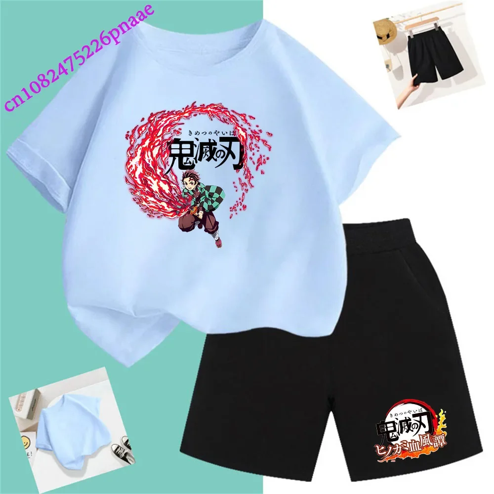 Demon Slayer t shirt Fashion Summerdress2024 Short Kid Short T-shirt Baby Tee Sets Fashion Casual O-neck Breathable KawaiiShorts