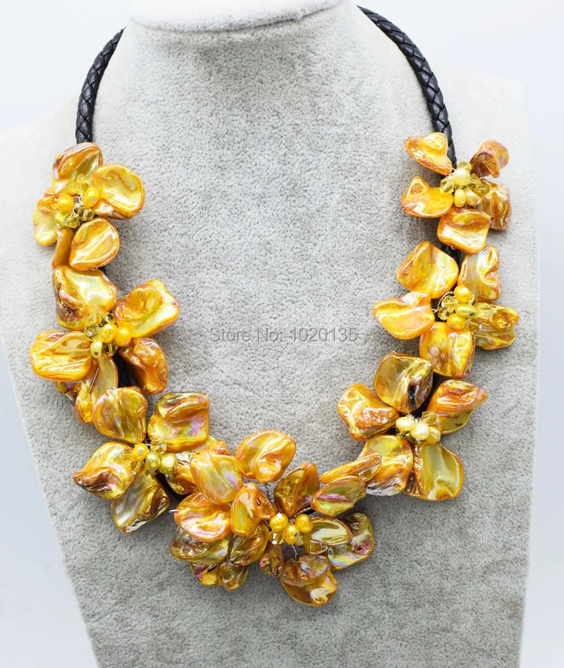 freshwater pearl  rice and yellow shell flower necklace nature 18inch nature wholesale